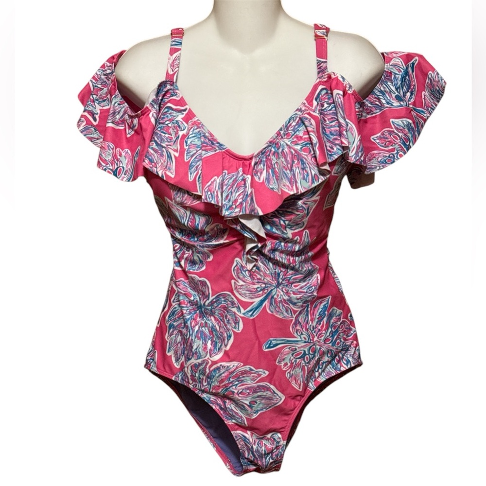Marilyn Monroe Size M Off Shoulder Flirty Pink Floral Ruffle One Piece Swimsuit